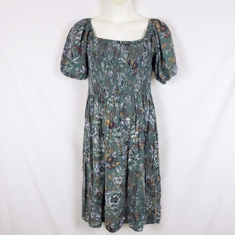 Sage Green Milkmaid Midi Dress Womens L? Cottage Romantic Prairie Garden